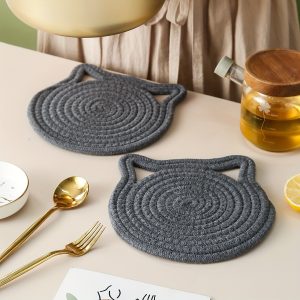 Charming Cat Ear Woven Pot Mat - Versatile, Heat-Resistant & Easy to Clean with Hanging Loop for Kitchen Decor