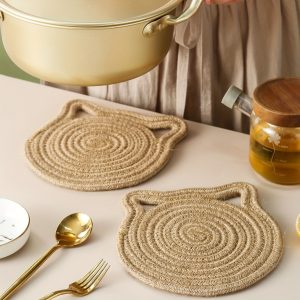 Charming Cat Ear Woven Pot Mat - Versatile, Heat-Resistant & Easy to Clean with Hanging Loop for Kitchen Decor