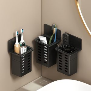 2pcs Black Resin Punch-Free Wall-Mounted Storage Cubby Shelf, Plastic Drain Organizer for Kitchen & Bathroom Accessories, Home Organization Hanging Rack, Shelves