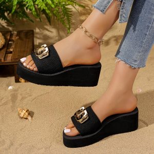 Women's Fashion Wedge Heel Slippers, Slip-On Comfortable Soft-Sole Beach Sandals, Summer Wedge Heeled Sandals Suitable for Vacations and Weddings, Women Shoes
