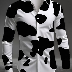 Men's Casual Shirt, Comfortable and Versatile Digital Print Standard Size Long Sleeve Shirt, Party Clubwear, All-Season Top, Cow Print Pattern, Black and White Style, Fashionable and Trendy, Machine Washable, Clothing / Printed / Trendy / Men's / All