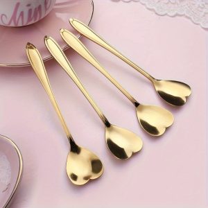 1pc Stainless Steel Heart-Shaped Ice Spoon, Golden Mixing Spoon, Dessert Coffee Spoon, Gift Spoon, Creative Kitchen Supplies Home, Creative Mixing Spoon Coffee Spoon Dessert Spoon Dessert Spoon, Good Looking And Practical