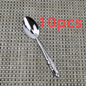 [10pcs Stainless Steel Dessert Spoons] 10pcs Stainless Steel Dessert Spoons Set, Elegant Design, Long Handle Ice Cream & Watermelon Spoon Scoops, for Kitchen Tableware Utensils