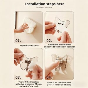 Butterfly Self Adhesive Hooks - No Drill, Easy Install Waterproof for Bathroom, Kitchen (Holds Towels, Robes, Organizers), Utility Hooks
