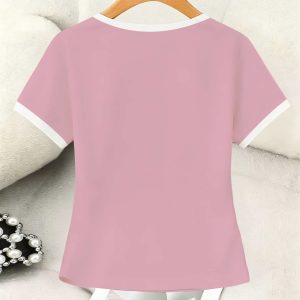 Pink And White Collar LA Letter T-Shirt American Retro Style Sweet Cool Age-Reducing Short Polo Shirt