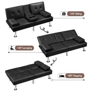 Modern Faux Leather Sofa Bed with Adjustable Recliner And Cup Holders Black
