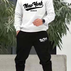 Men'S Sportswear Set with Prints | New York BROOKLYN American Street Style Hoodie And Sweatpants Set with Handwritten Logo, Loose-Fitting Two-Piece | Round Neck Long Sleeve Hoodie And Joggers |