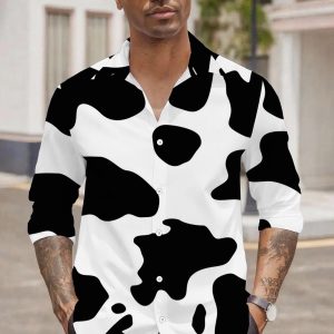Men's Casual Shirt, Comfortable and Versatile Digital Print Standard Size Long Sleeve Shirt, Party Clubwear, All-Season Top, Cow Print Pattern, Black and White Style, Fashionable and Trendy, Machine Washable, Clothing / Printed / Trendy / Men's / All
