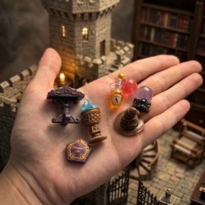 7pcs Dollhouse Decoration Magic Set - Miniature Magic Books - Tiny Magic Potions - Mini Bookshelf - Magic Orb - Magic Flame - Suitable for 1:12 Scale Dollhouse Decor