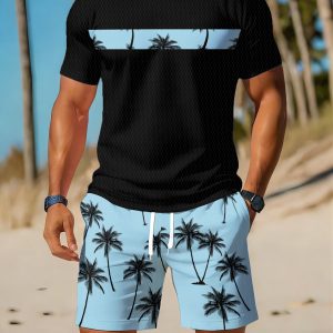 Men's Casual Sportswear Set, Breathable Outdoor Leisure Round Neck T-Shirt and Shorts Set, Summer Digital Print Set for Adults