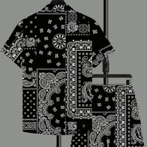 Men'S Fashion Cashew Flower Print Short-Sleeved Shirt Beach Pants Set Summer Casual Vacation Loose Lapel Cardigan Shorts Two-Piece Suit