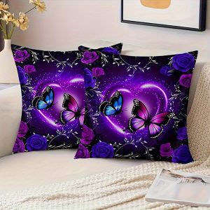 2pcs Purple Heart-Shaped Butterfly & Rose Pillowcases for Bed, Sleeping Pillow Cover, Farmhouse Home Office Bed Sofa Cushion Cover for Car, Single-sided Printing, No Pillow Core.