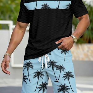 Men's Casual Sportswear Set, Breathable Outdoor Leisure Round Neck T-Shirt and Shorts Set, Summer Digital Print Set for Adults