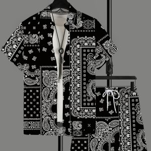 Men'S Fashion Cashew Flower Print Short-Sleeved Shirt Beach Pants Set Summer Casual Vacation Loose Lapel Cardigan Shorts Two-Piece Suit