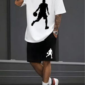 Sports Boy Print Men'S Casual Fashion Sports Two-Piece Round Neck T-Shirt And Shorts Set