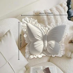 Butterfly-shaped Home Decor Throw Pillow with White Lace Trim, Made of Luxurious Velvet Fabric and Polyester Fiber Filling. Suitable for Beds, Sofas, Carriages, and Office Spaces. Perfect for Living Rooms, Bedrooms, Weddings, Birthdays, and Other