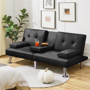 Modern Faux Leather Sofa Bed with Adjustable Recliner And Cup Holders Black
