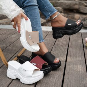 Women's Summer Outdoor Platform Wedge Slippers, Extra High Heel Platform Sole Single-Strap Slides, Water Platform Height-Increasing Mules, Versatile Casual Non-Slip Open-Toe Beach Shoes, Women Shoes