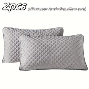 2pcs Pillowcases (No Pillow Core) Spring Summer Plaid Solid Color Quilted Three-Layer Sandwich Hotel Pillow Protective Cover Household Adult Breathable Thick Pillowcase, Double Pack Without Pillow Core