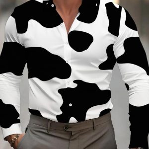 Men's Casual Shirt, Comfortable and Versatile Digital Print Standard Size Long Sleeve Shirt, Party Clubwear, All-Season Top, Cow Print Pattern, Black and White Style, Fashionable and Trendy, Machine Washable, Clothing / Printed / Trendy / Men's / All