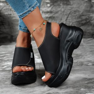 Platform Wedge Heel Sandals And Slippers for Women, Summer Wear, Super High Heel Sponge Cake Sole, One-Line Slippers, Platform, Height-Increasing, Muller Slippers, Versatile Casual Non-Slip Open-Toe Beach Shoes, Women Shoes