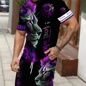 Men'S Short-Sleeve Round-Neck T-Shirt And Elastic Waistband Shorts, Featuring a Pocket And a Lion Face Print Summer Outfit Set