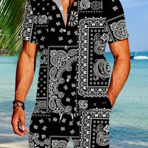 Men'S Fashion Cashew Flower Print Short-Sleeved Shirt Beach Pants Set Summer Casual Vacation Loose Lapel Cardigan Shorts Two-Piece Suit