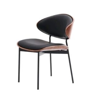 Modern Dining Chairs Curved Walnut Backrest Black Leather Seat Metal Frame 1