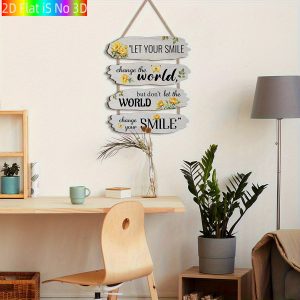 2D Flat - 2D Plane, 4pcs Inspirational Wooden Wall Decor Set - "Let Your Smile Change The World / But Don'T Let The World Change Your Smile" - Suitable for Spring And Summer Room Decoration, Farmhouse Style Decoration with Floral Embellishments