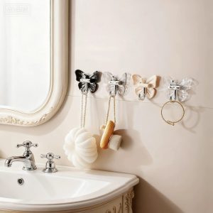 Butterfly Self Adhesive Hooks - No Drill, Easy Install Waterproof for Bathroom, Kitchen (Holds Towels, Robes, Organizers), Utility Hooks